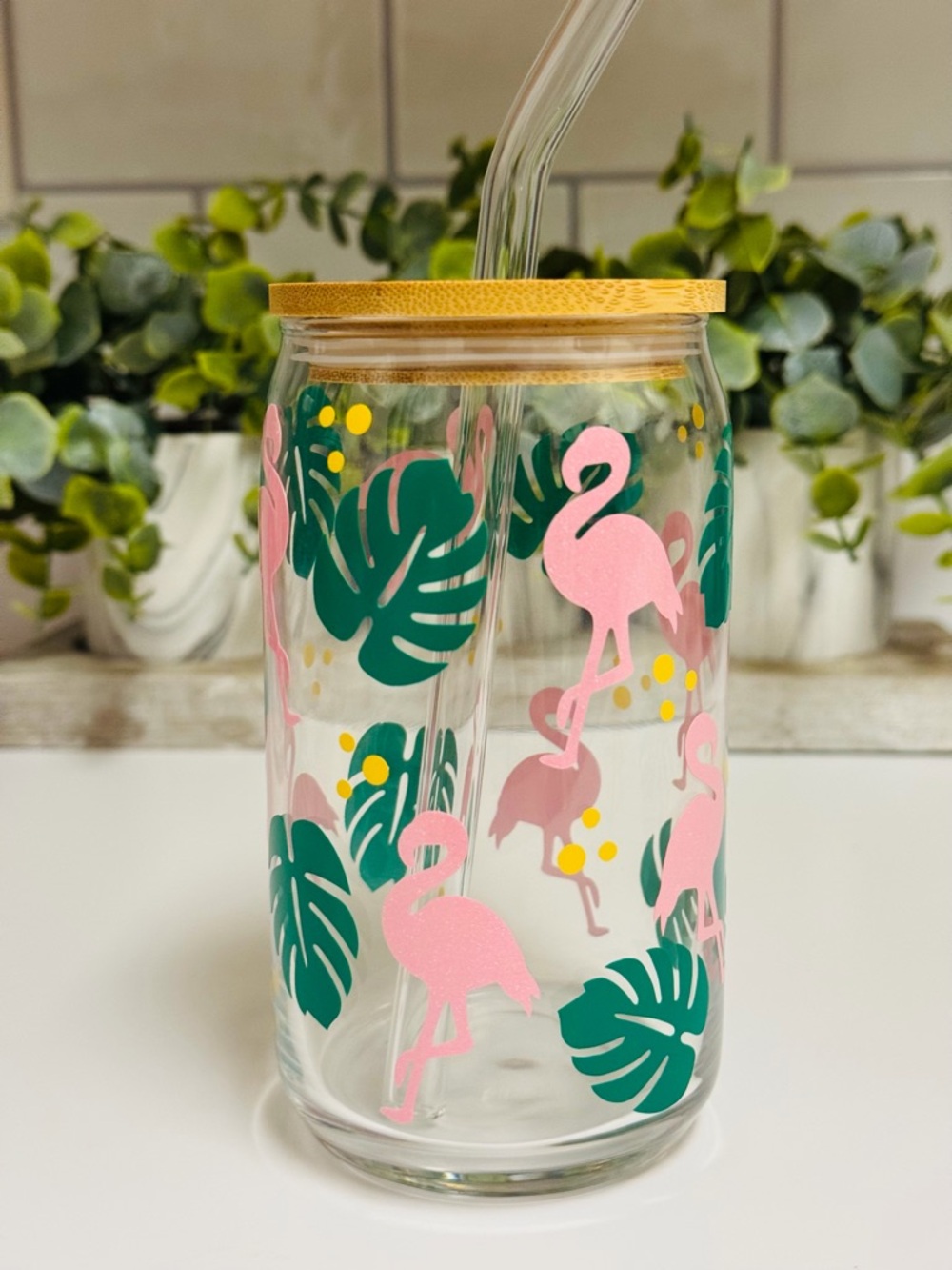 Flamingos & Leaves 16oz Glass Can Cup